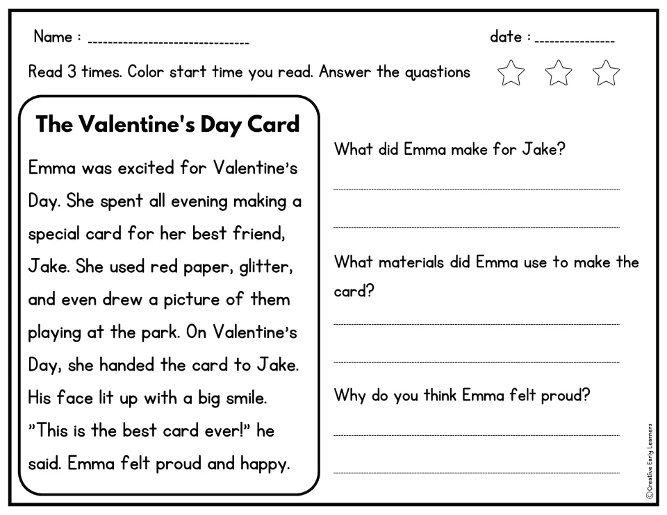 Reading passage about Emma making Jake a Valentine's Day card, with three questions about materials and pride