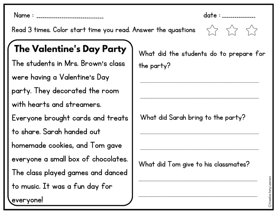 Reading passage about Mrs. Brown's Valentine's Day party, with three questions about preparations and treats