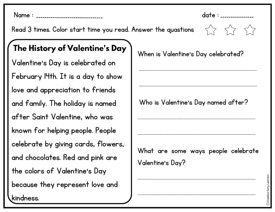 Reading passage on Valentine's Day history, with three questions about its date, namesake, and celebrations