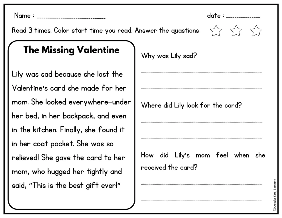 Reading passage about Lily's missing Valentine for her mom, with three questions about her search and feelings