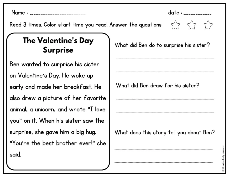 Reading passage about Ben surprising his sister, with three questions about breakfast, a drawing, and his character