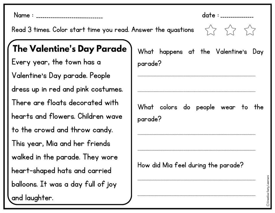 Reading passage about Mia's Valentine's Day parade, with three questions about events, colors, and feelings