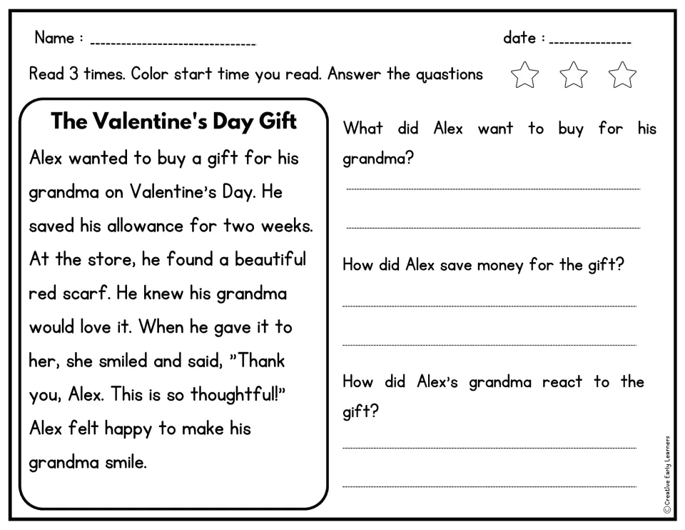 Reading passage about Alex buying his grandma a red scarf, with three questions about the gift and saving money