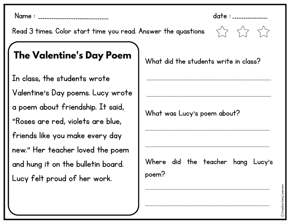 Reading passage about Lucy's Valentine's Day poem, with three questions about class writing and her friendship poem