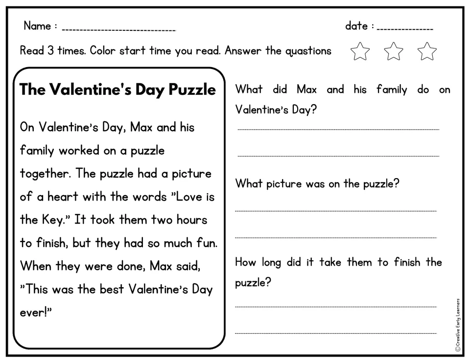 Reading passage about Max's family completing a heart puzzle, with three questions about their activity and time