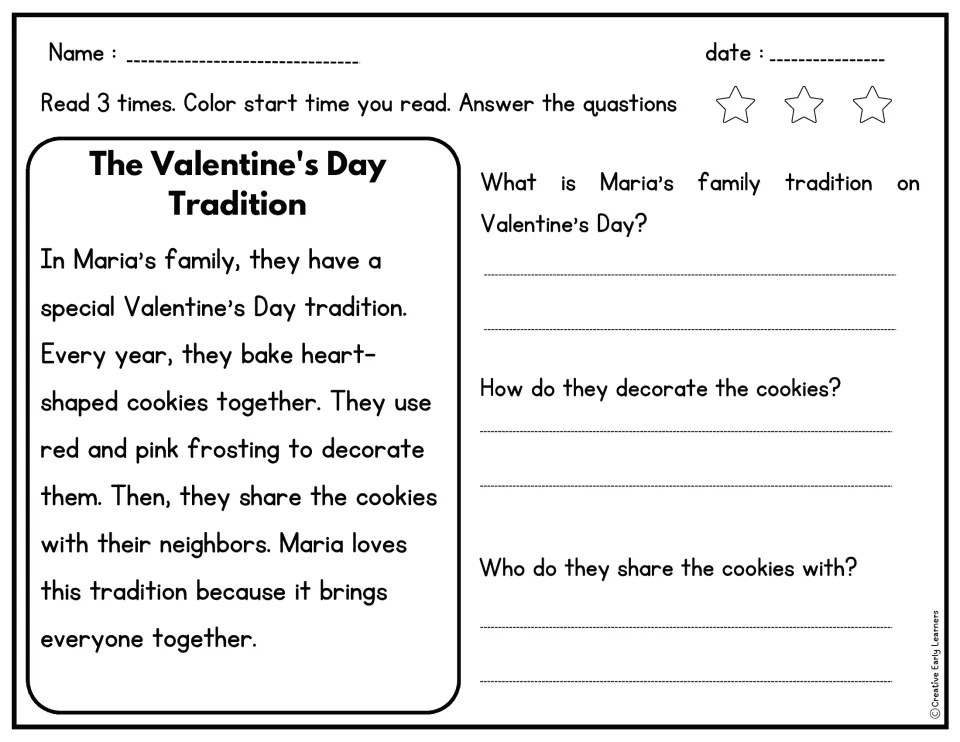Reading passage about Maria's family baking heart-shaped cookies, with three questions about their tradition