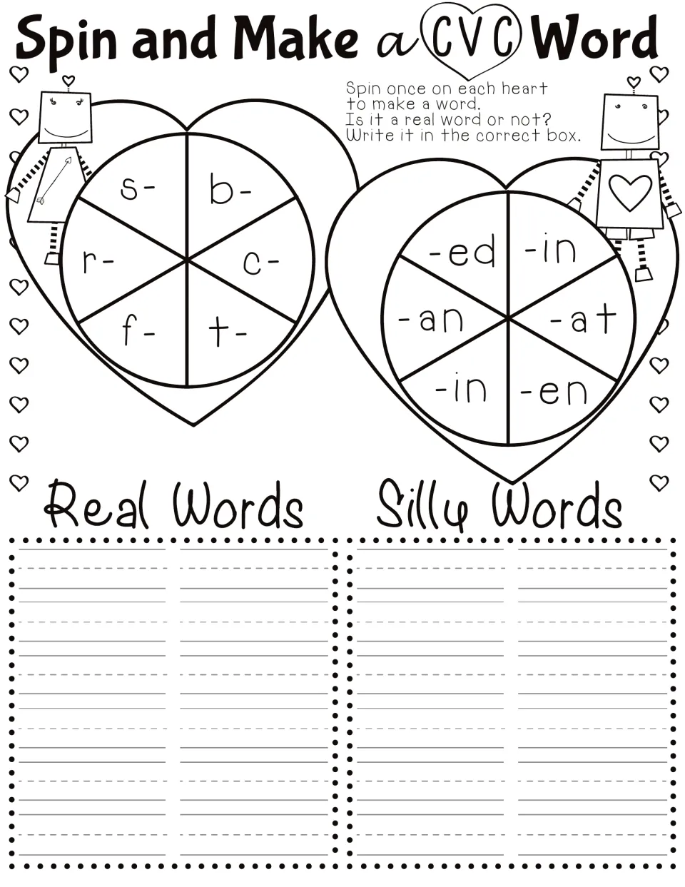 Spin and Make a CVC Word: students spin onset and rime hearts, blend a word, then sort it as a real or silly word
