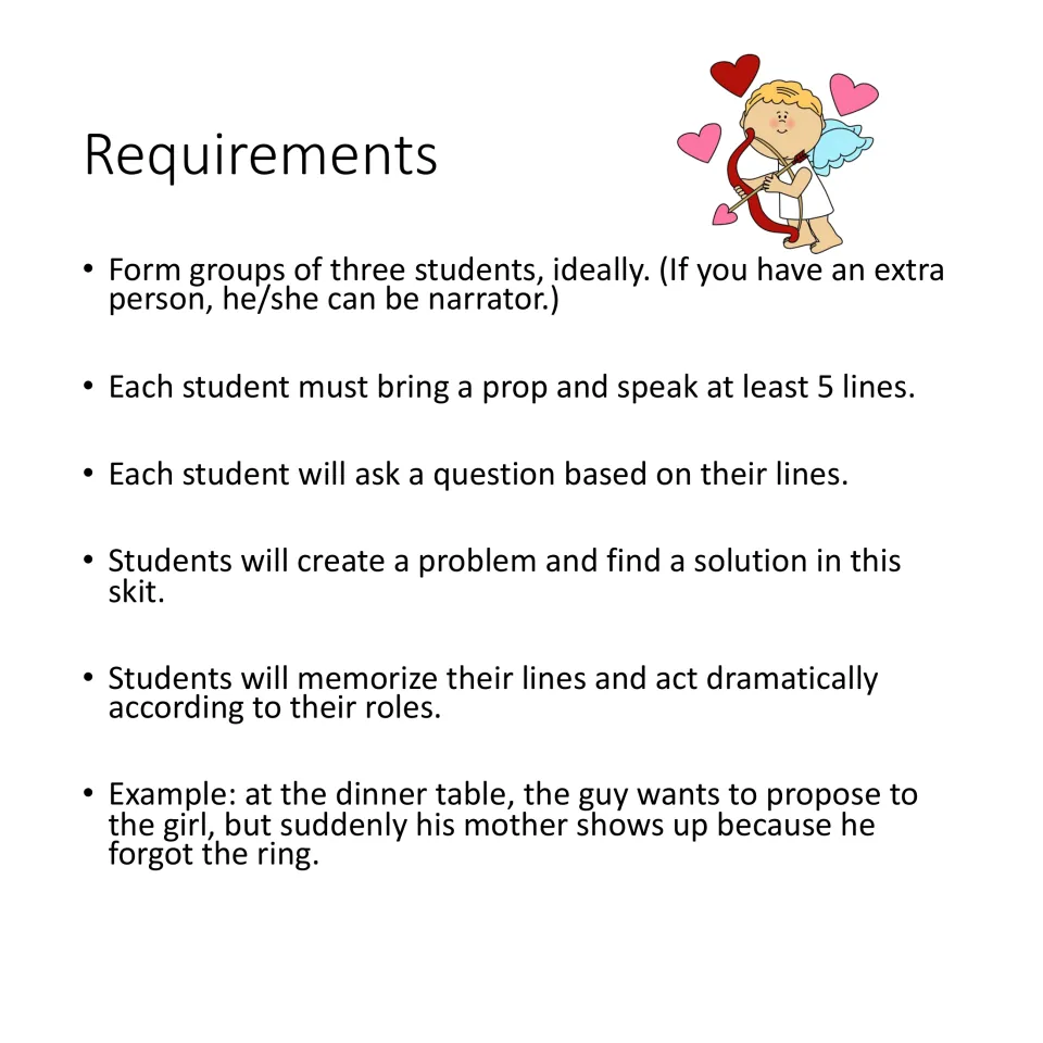 Skit requirements: groups of three, a prop and at least five lines per student, plus a problem and solution