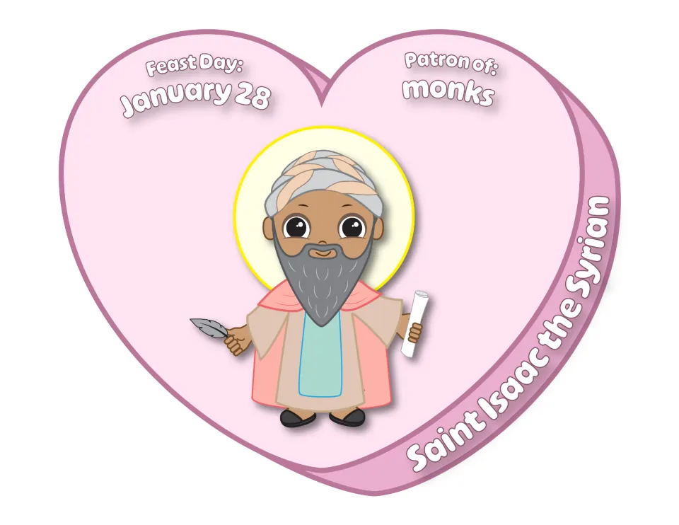 Saint Isaac the Syrian candy heart: cartoon saint with quill and scroll, feast day January 28, patron of monks