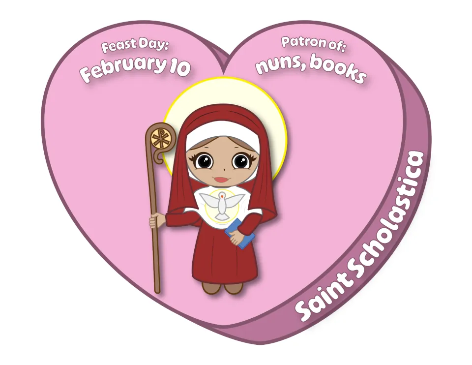 Saint Scholastica candy heart: nun with crozier, dove and book, feast day February 10, patron of nuns and books