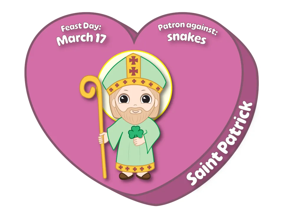 Saint Patrick candy heart: bishop with green mitre, crozier and shamrock, feast day March 17, patron against snakes