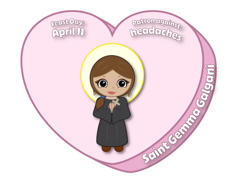 Saint Gemma Galgani candy heart: girl in black dress holding a cross, feast day April 11, patron against headaches