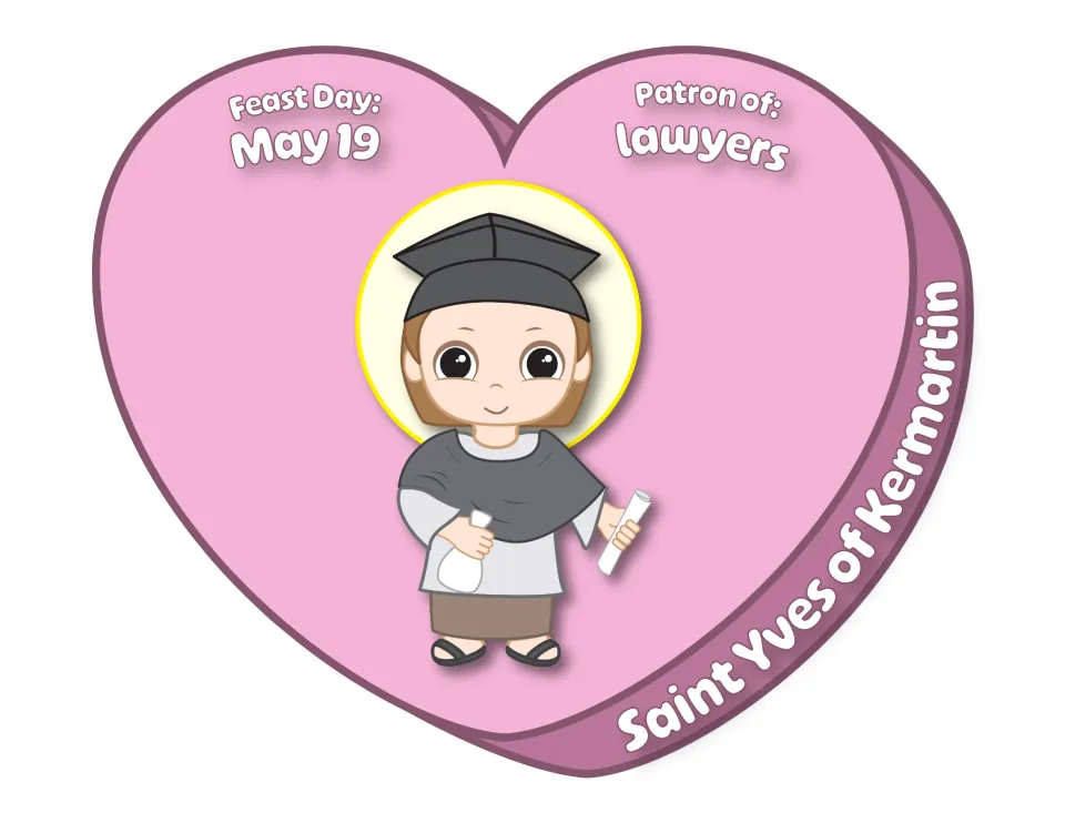 Saint Yves of Kermartin candy heart: saint in black cap holding a rolled scroll, feast day May 19, patron of lawyers