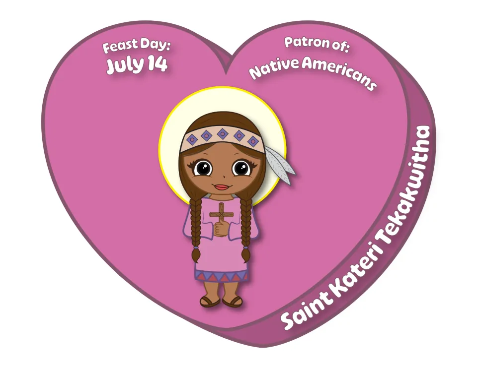 Saint Kateri Tekakwitha candy heart: girl with braids, feather and cross, feast day July 14, patron of Native Americans