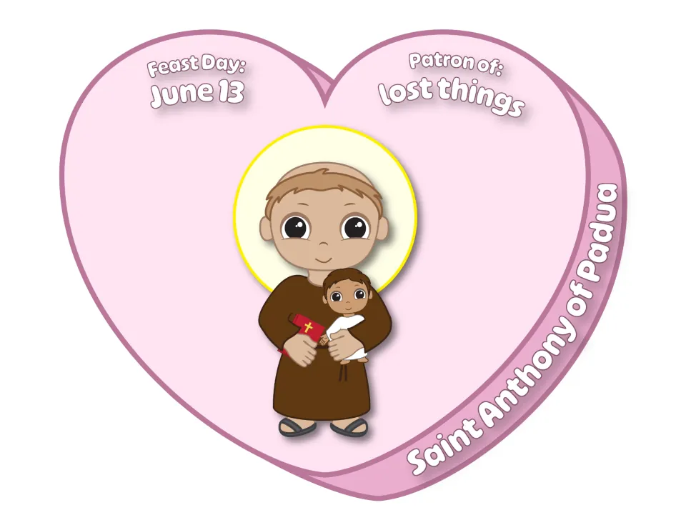 Saint Anthony of Padua candy heart: brown-robed friar holding the Christ Child, feast day June 13, patron of lost things