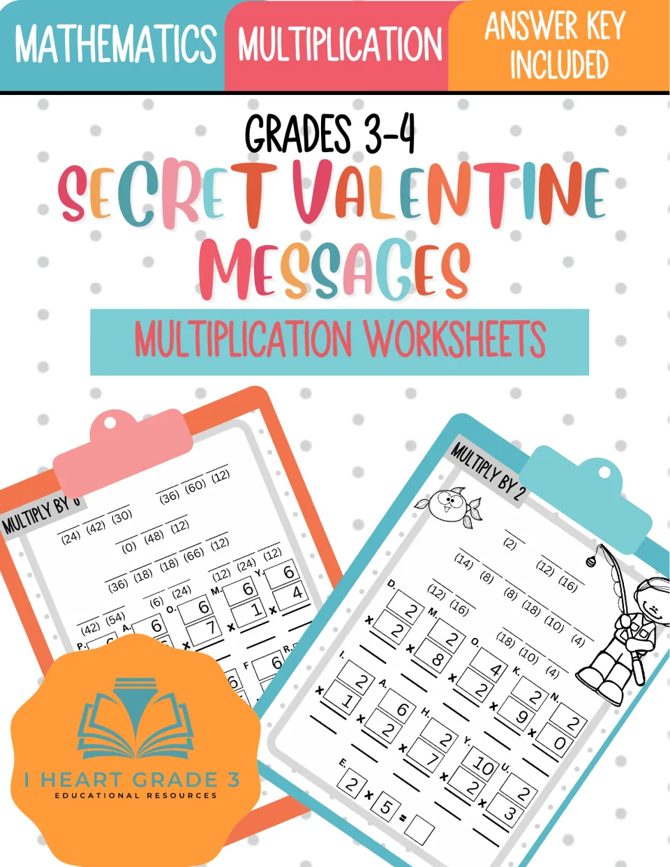Secret Valentine Messages cover, Grades 3-4: multiplication worksheets with answer key and two sample pages shown