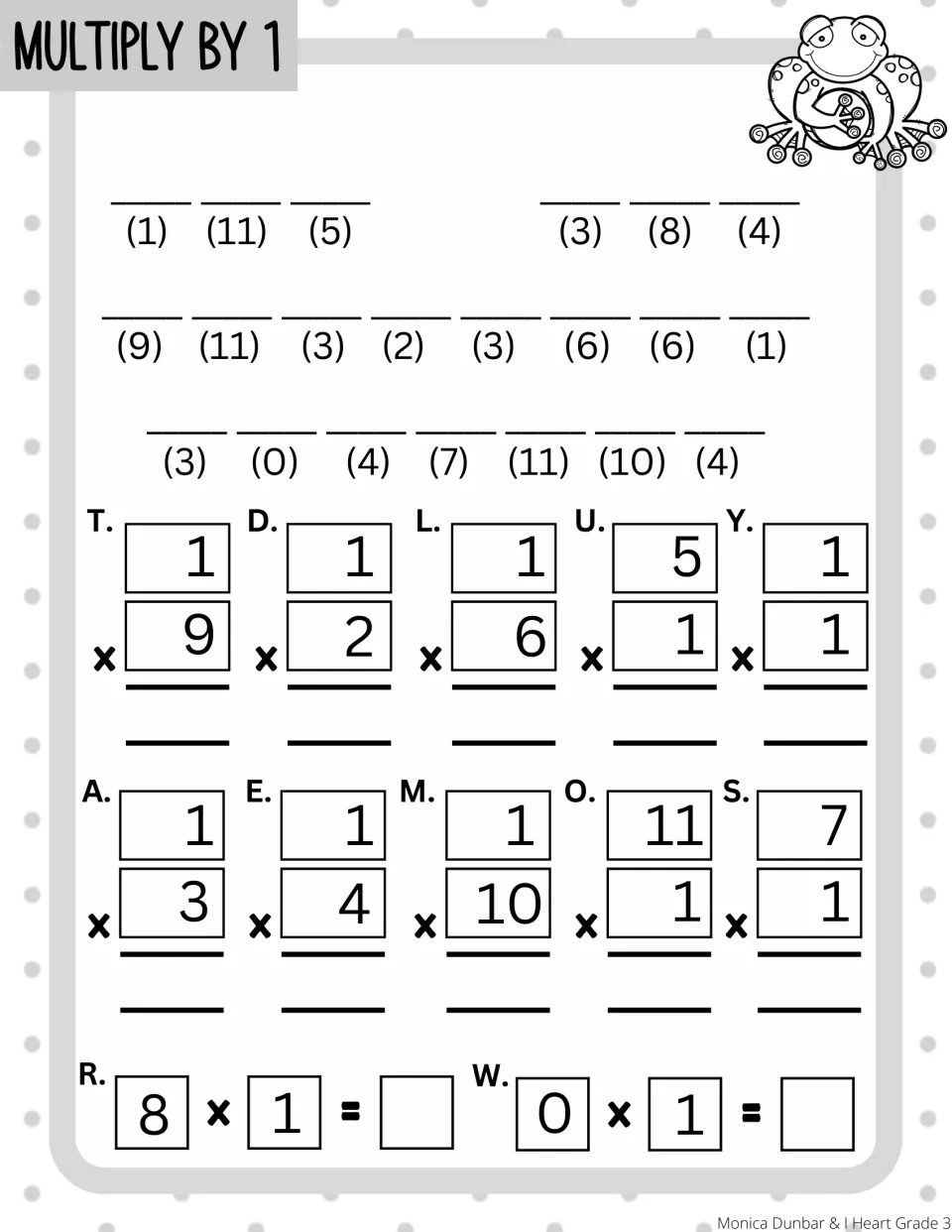 Multiply by 1 code: students solve 12 facts like 1 x 9 and 11 x 1, then match products to letters to spell a message