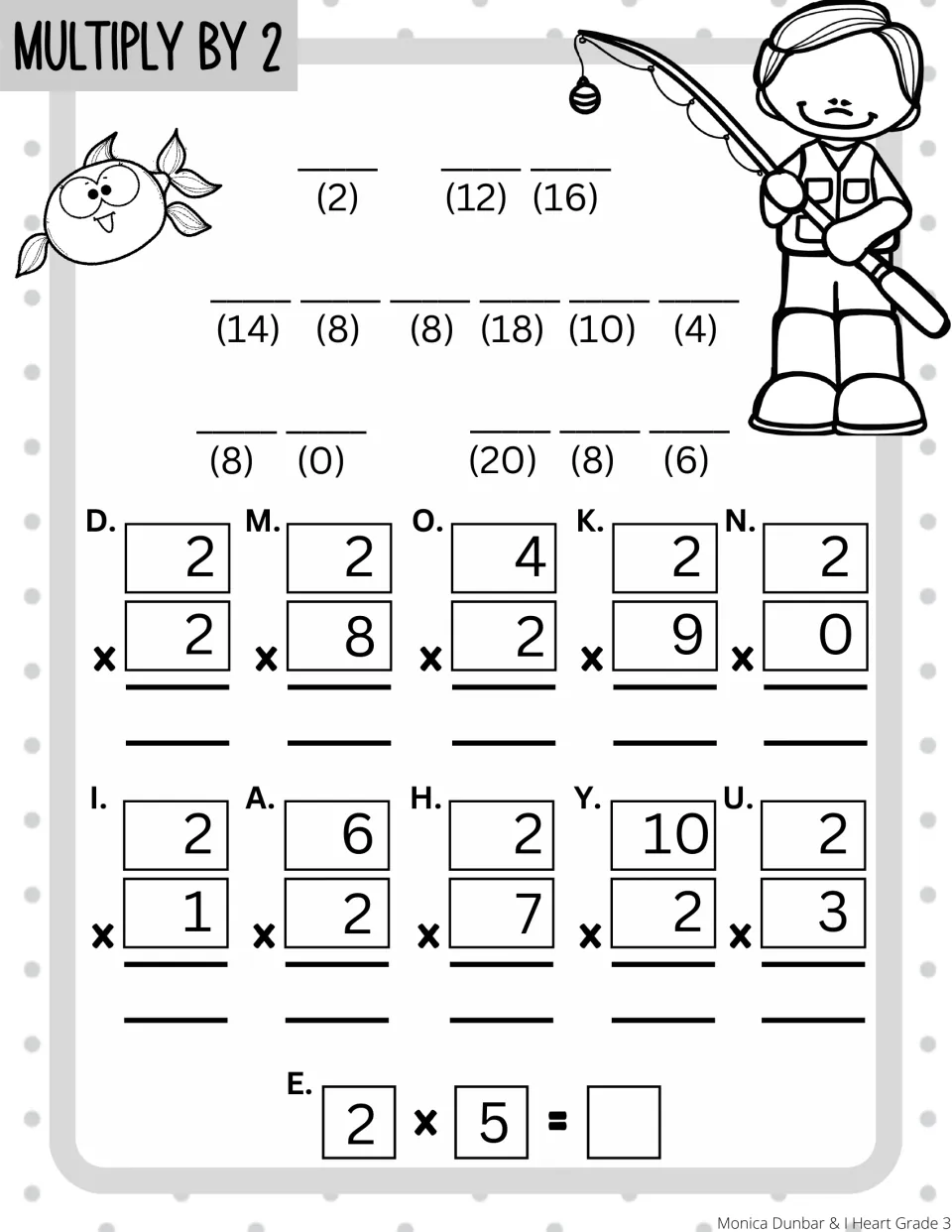 Multiply by 2 code: students solve 11 facts like 2 x 8 and 10 x 2, then write letters over products to decode a note