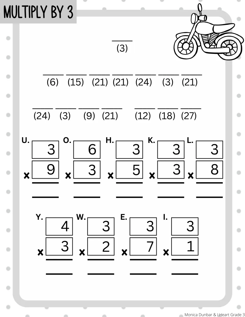 Multiply by 3 code: students solve 9 facts like 3 x 9 and 4 x 3, then place letters above products to reveal a phrase