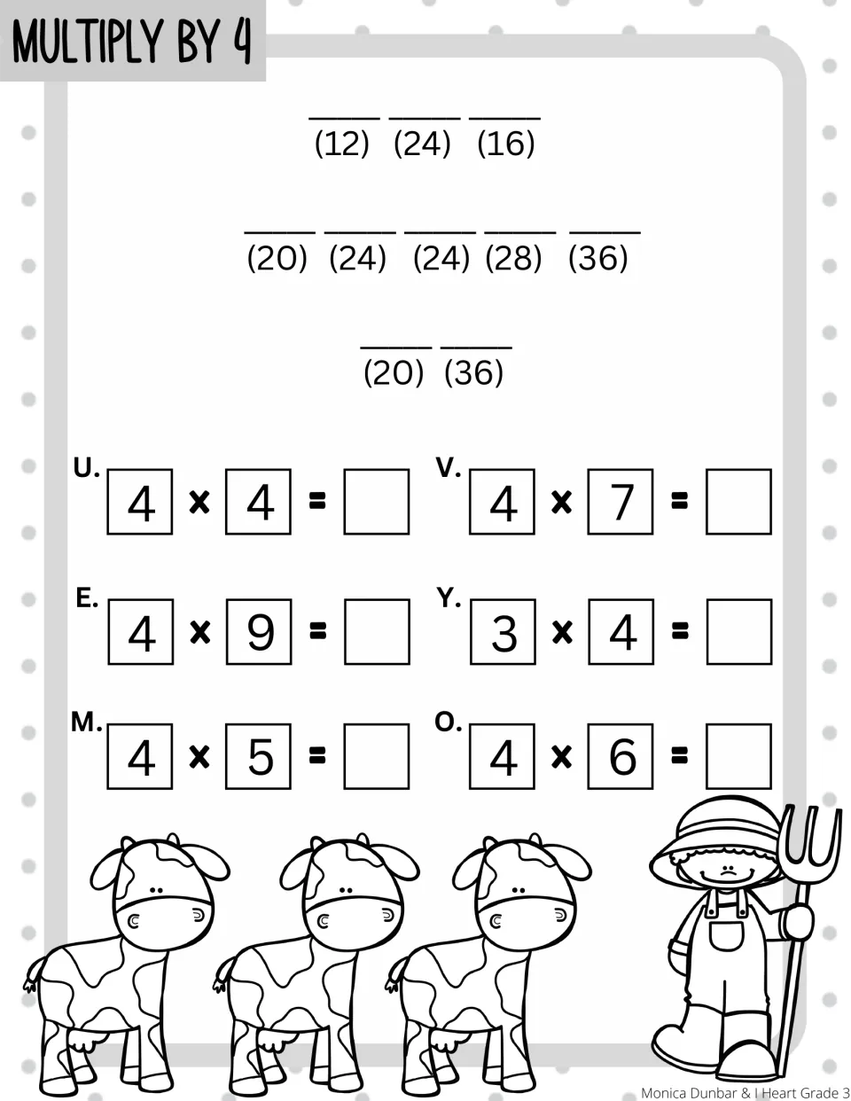 Multiply by 4 code: students solve 6 equations like 4 x 7 and 4 x 9, then match products to letters to spell a note