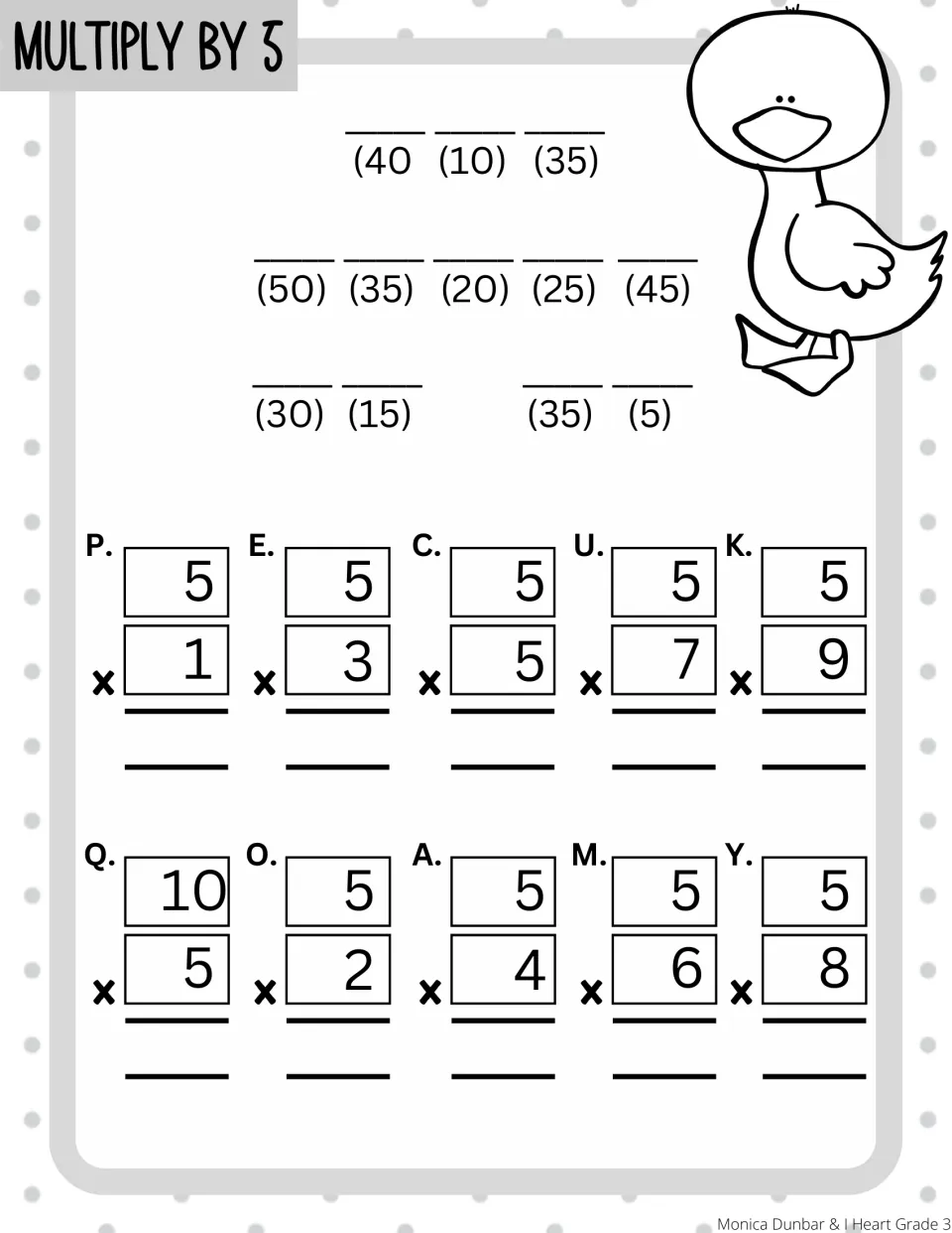 Multiply by 5 code: students solve 10 facts like 5 x 7 and 10 x 5, then write letters over products to find a pun
