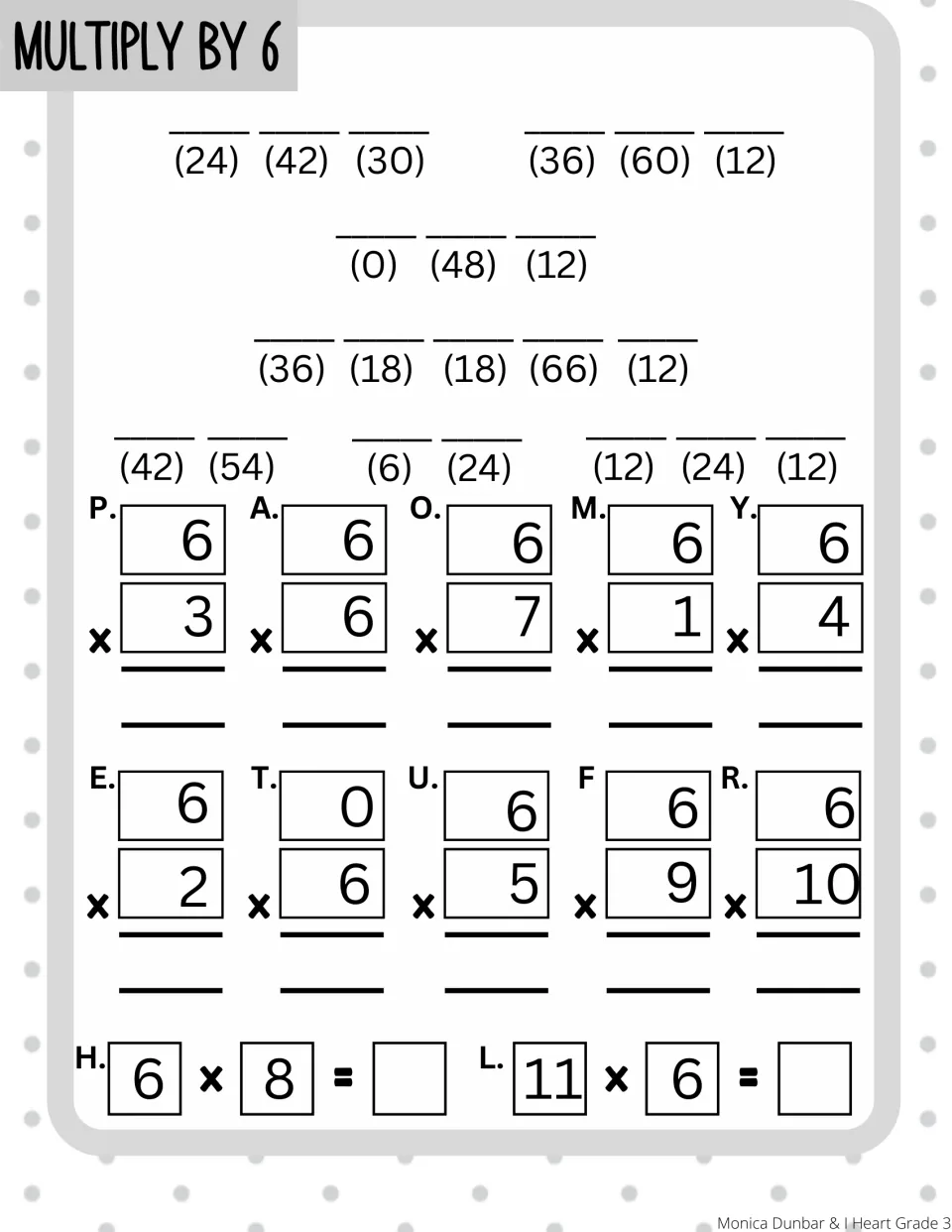 Multiply by 6 code: students solve 12 facts like 6 x 8 and 11 x 6, then use the letters to decode a four-line message