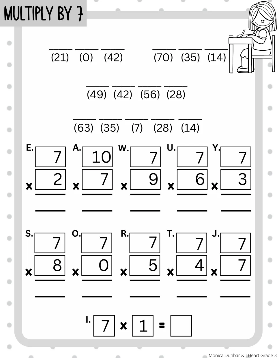 Multiply by 7 code: students solve 11 facts like 7 x 8 and 10 x 7, then place letters over products to spell a pun