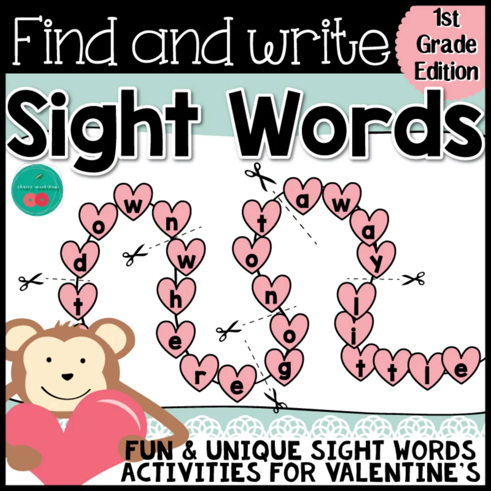 Cover of the first-grade Valentine's Day sight-word resource, featuring the heading 'Find and Write Sight Words'