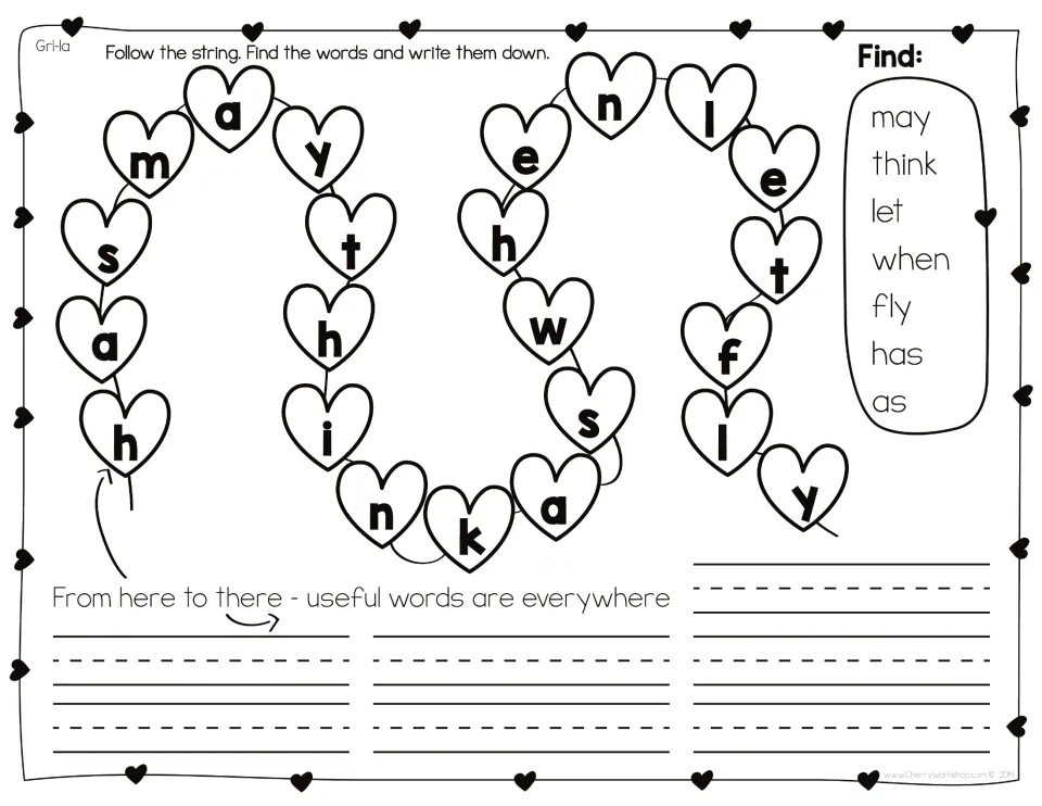 Sight-word set 1, word-bank version: follow the string to find and write may, think, let, when, fly, has, and as