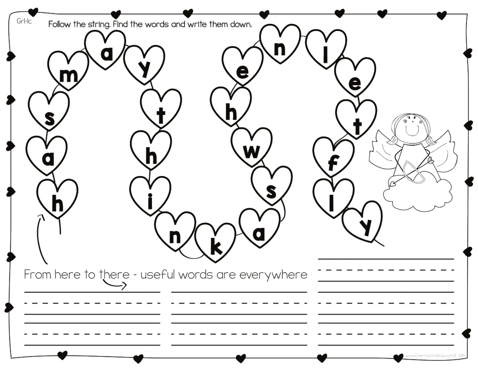 Sight-word set 1 without clues: follow the letter string to find and write has, may, think, as, when, let, and fly