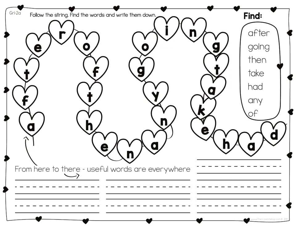 Sight-word set 2, word-bank version: follow the string to find and write after, going, then, take, had, any, and of