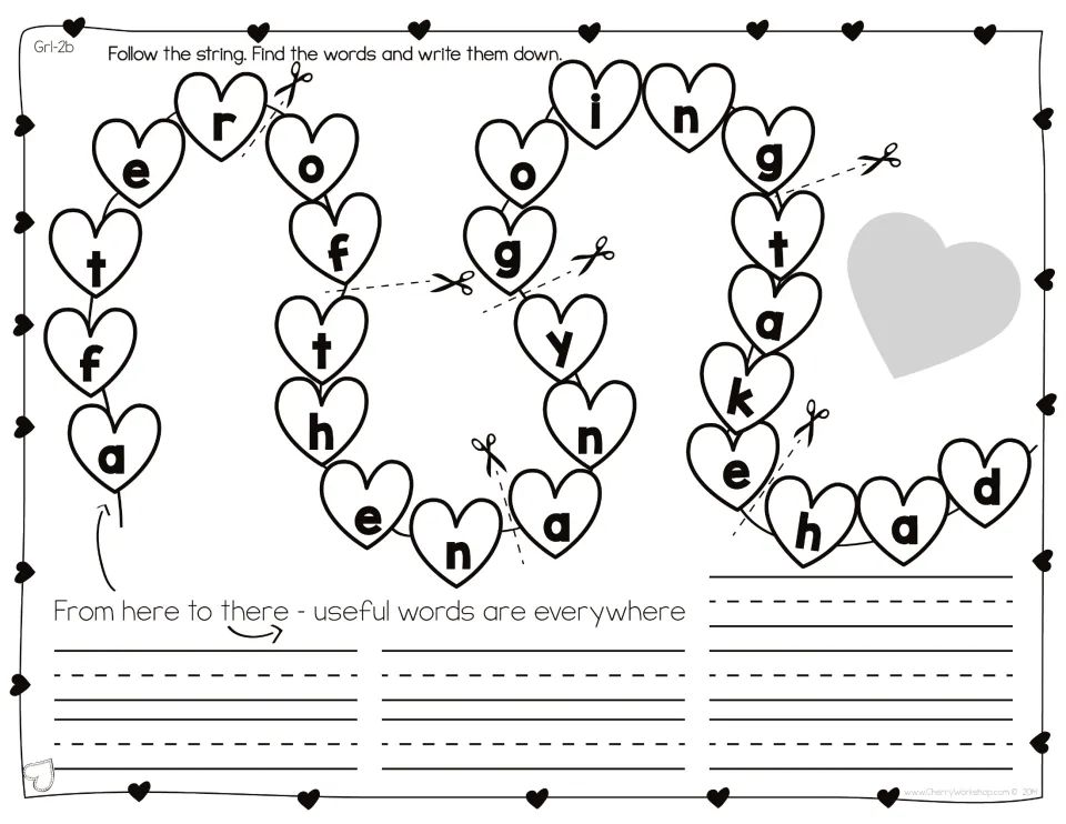 Sight-word set 2 with word boundaries marked: find and write after, of, then, any, going, take, and had