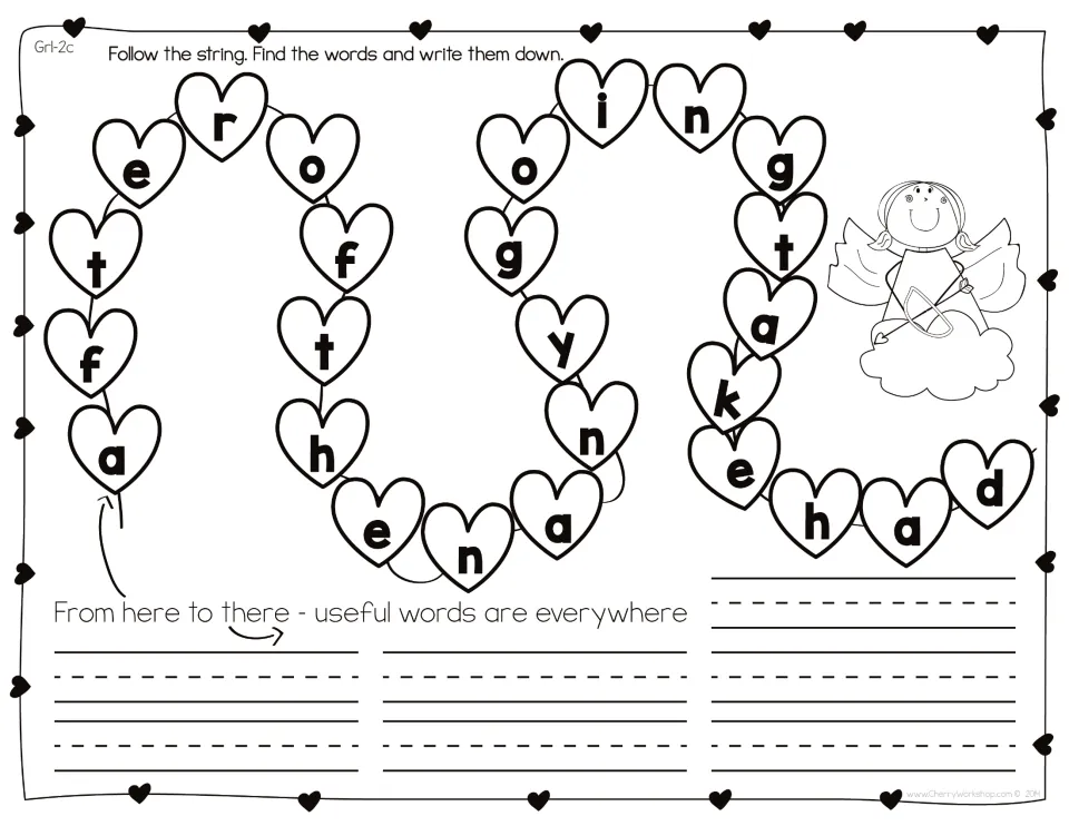 Sight-word set 2 without clues: follow the string to find and write after, of, then, any, going, take, and had