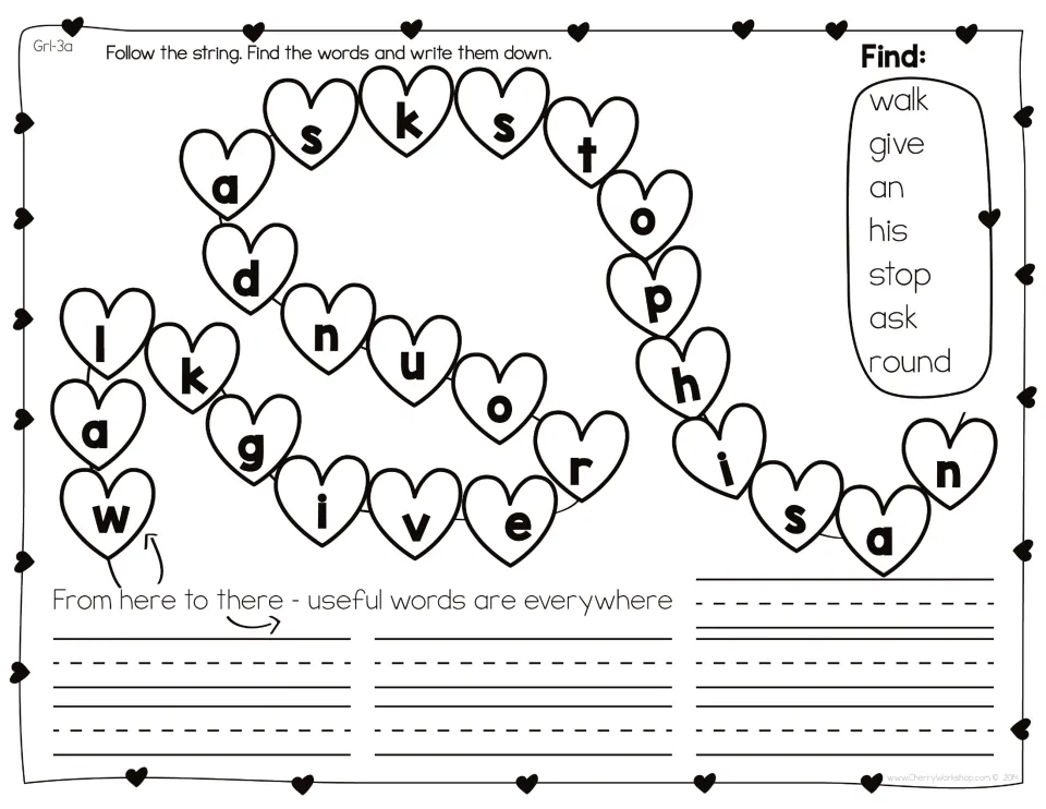 Sight-word set 3, word-bank version: follow the string to find and write walk, give, an, his, stop, ask, and round