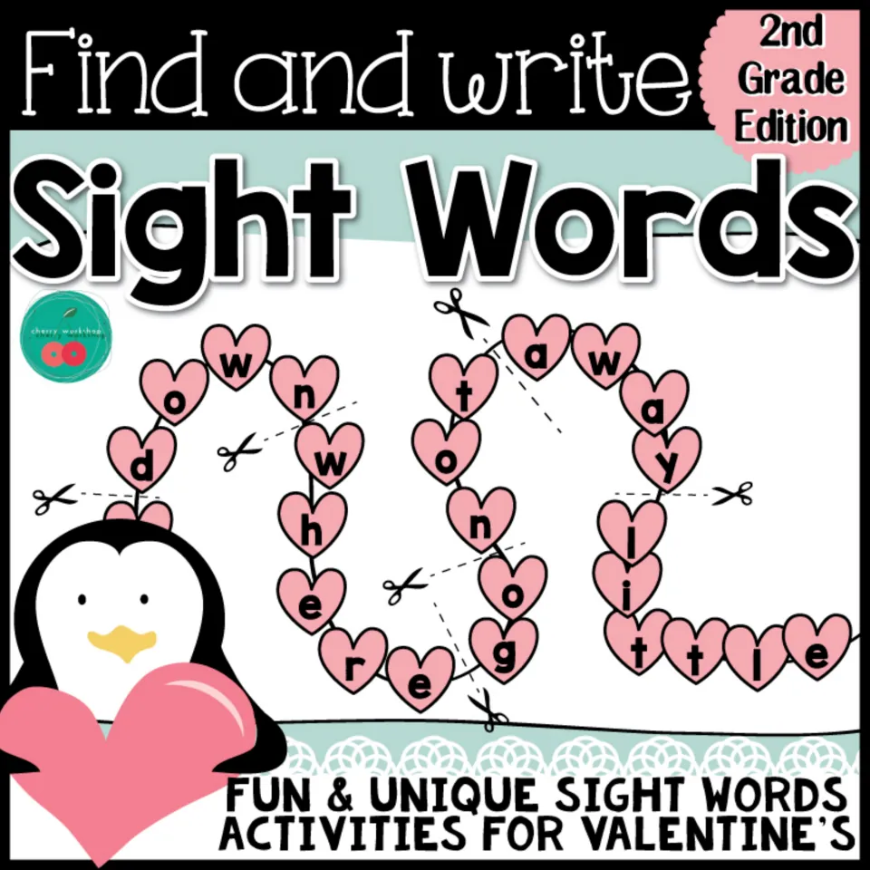 Find and Write Sight Words cover, 2nd Grade Edition: heart strings of letters hide words like down, where, away and little