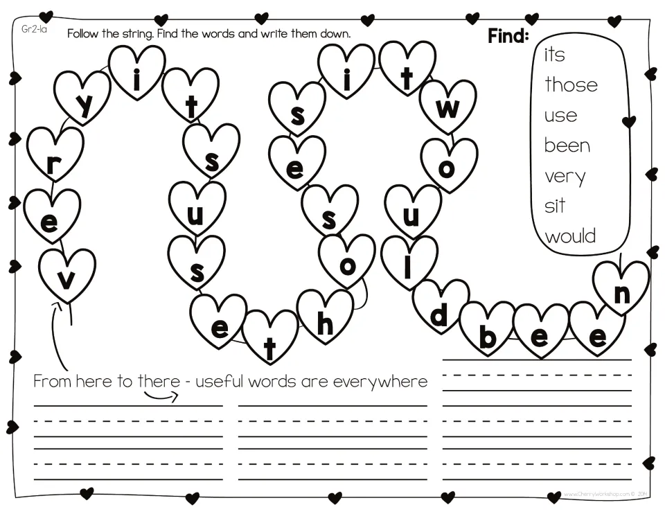 Sight word search: students follow a heart string to find its, those, use, been, very, sit and would, then write each word