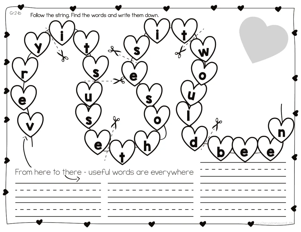 Sight word hunt with scissors marking where each word ends, so students split the heart letter string and copy every word