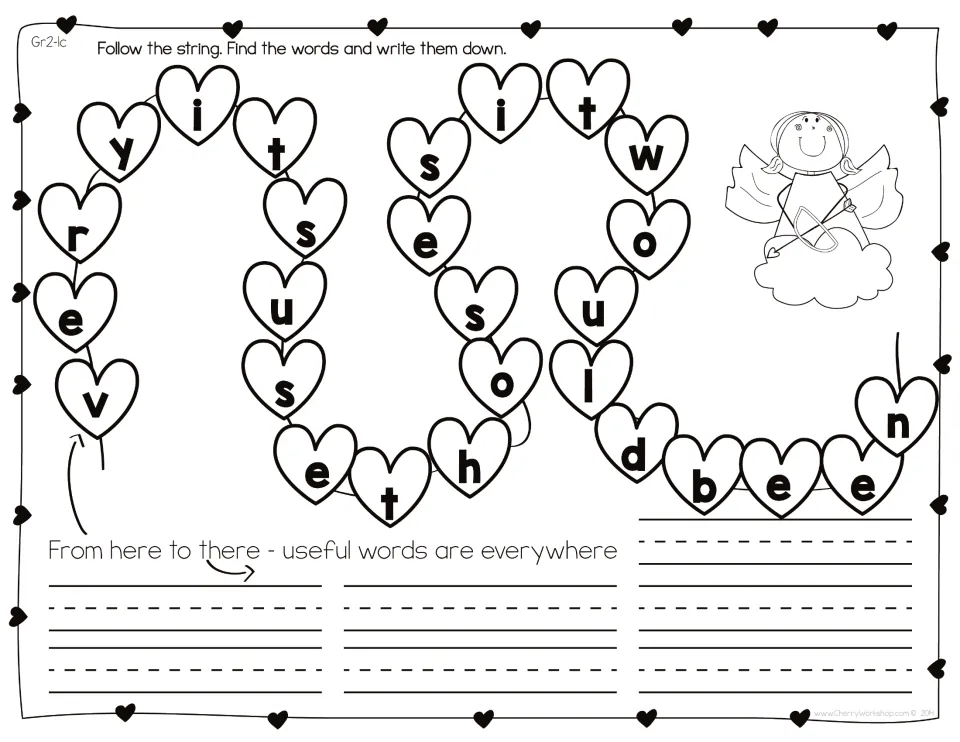 Heart string word hunt with no clues: students find the same seven sight words unaided and write them on the lines below