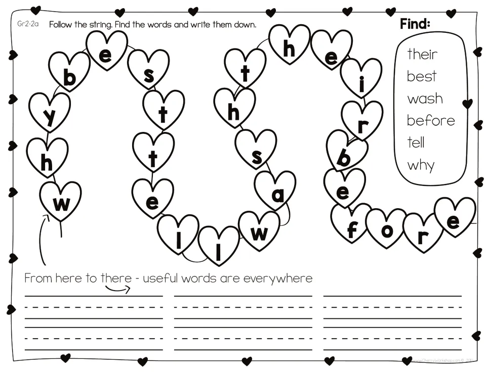 Sight word search set 2: students follow the hearts to find their, best, wash, before, tell and why and write each one