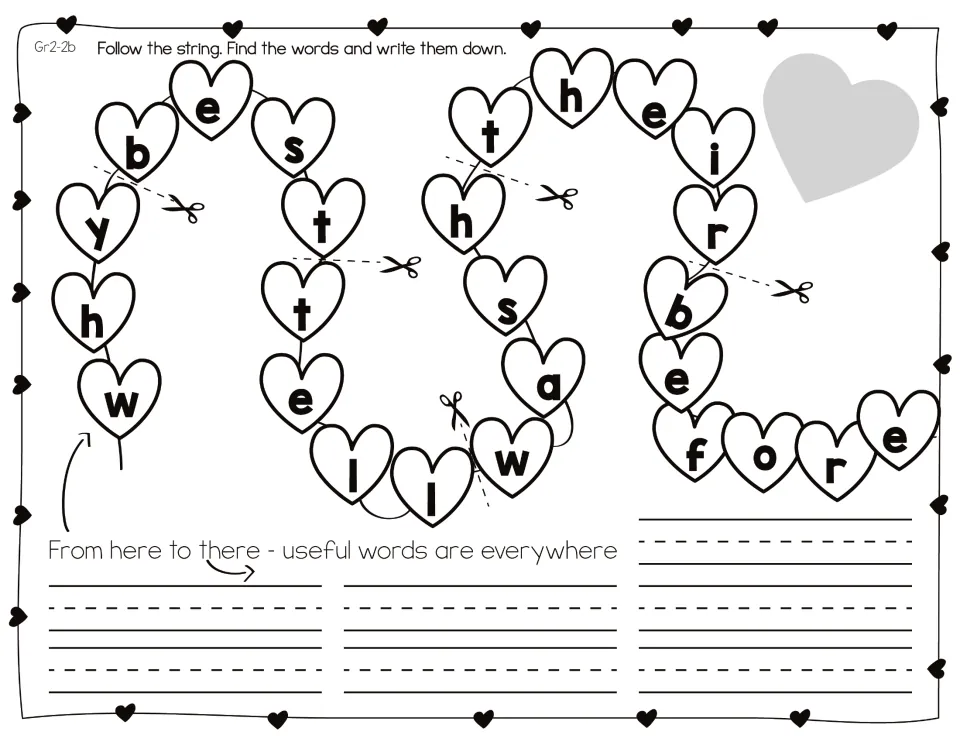 Set 2 heart string with scissors between words: students separate why, best, tell, wash, their and before, then copy them