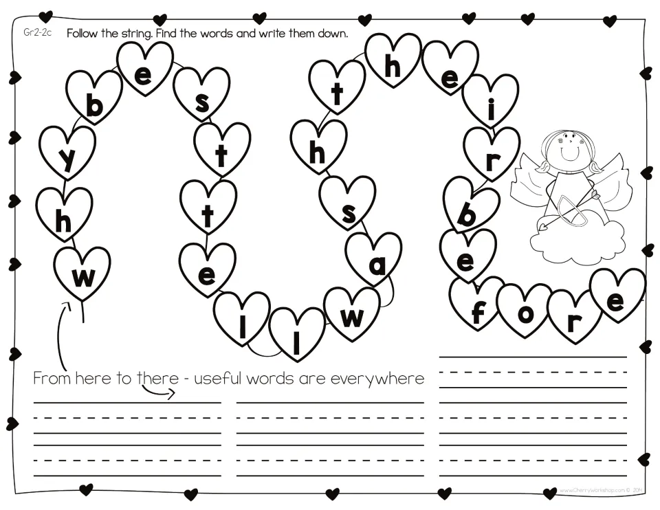 Set 2 sight word hunt without clues: students spot six words in one long heart letter string and write them on the lines