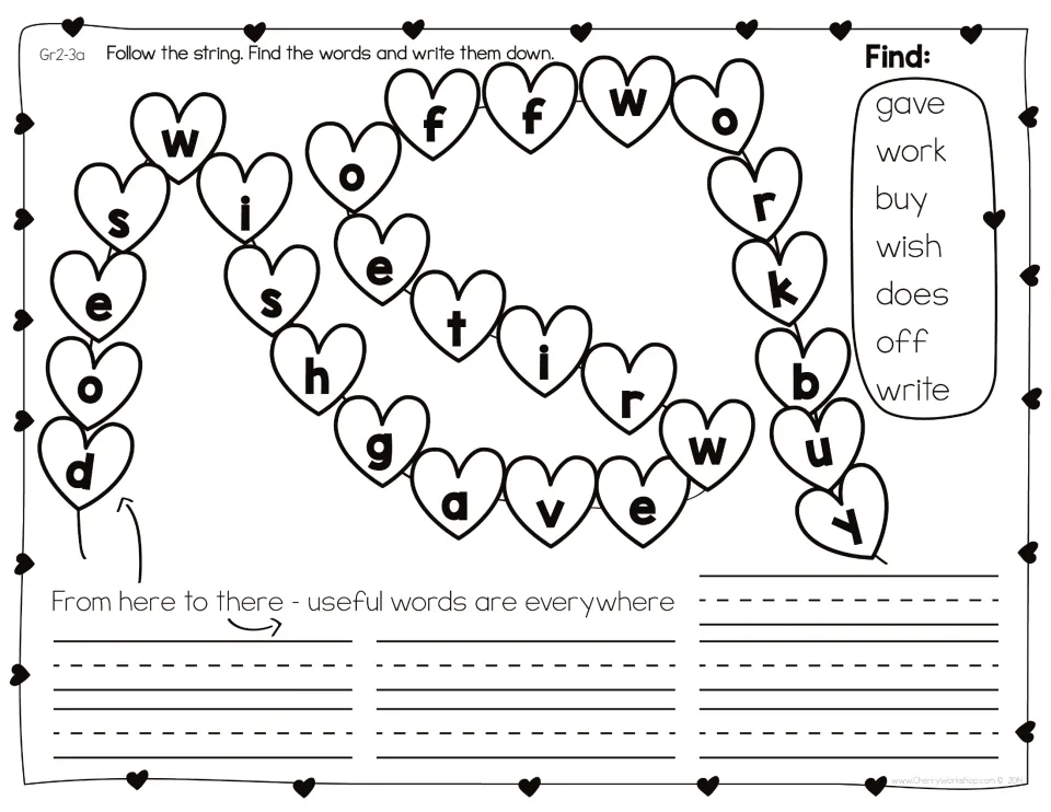 Sight word search set 3: students trace the heart string to find gave, work, buy, wish, does, off and write, then copy them