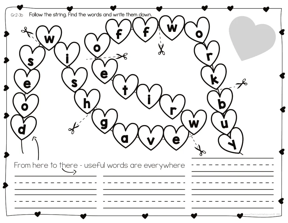Set 3 heart string with scissor marks at each word break: students split does, wish, gave, write, off, work and buy apart