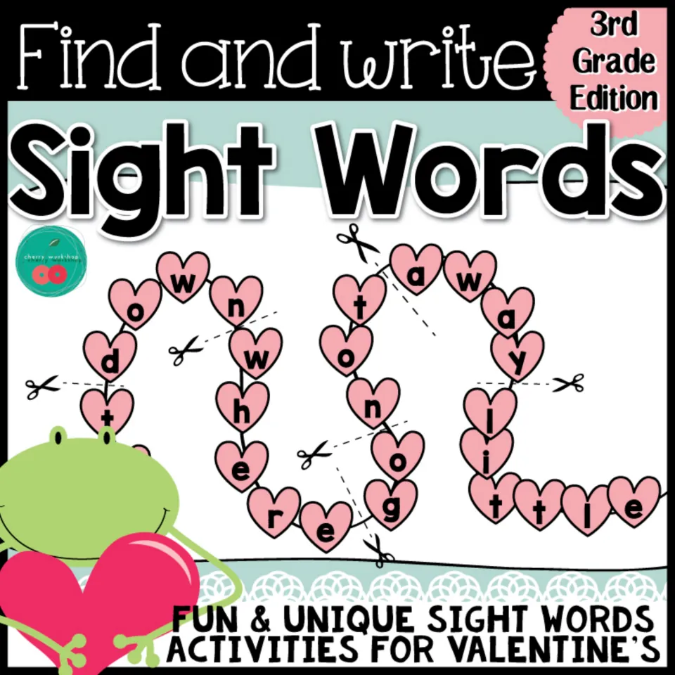 Find and Write Sight Words cover, 3rd Grade Edition: a chain of letter hearts hides words like down, where and away