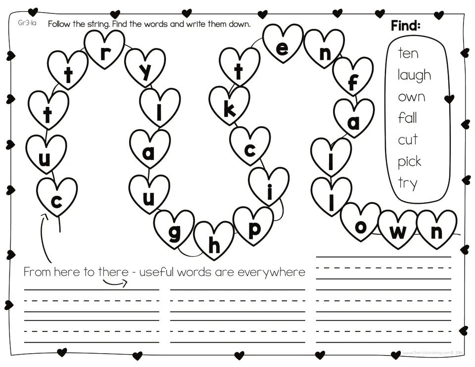 Heart string puzzle Gr3-1a: students follow letters to find and write ten, laugh, own, fall, cut, pick and try