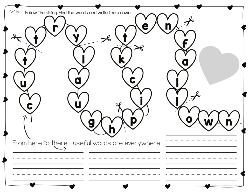 Heart string puzzle Gr3-1b: scissor marks split the letter chain into words such as cut, try, laugh and fall