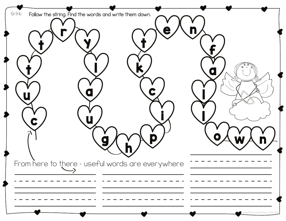 Heart string puzzle Gr3-1c with a cupid: students find and write hidden words in the letter chain with no clues