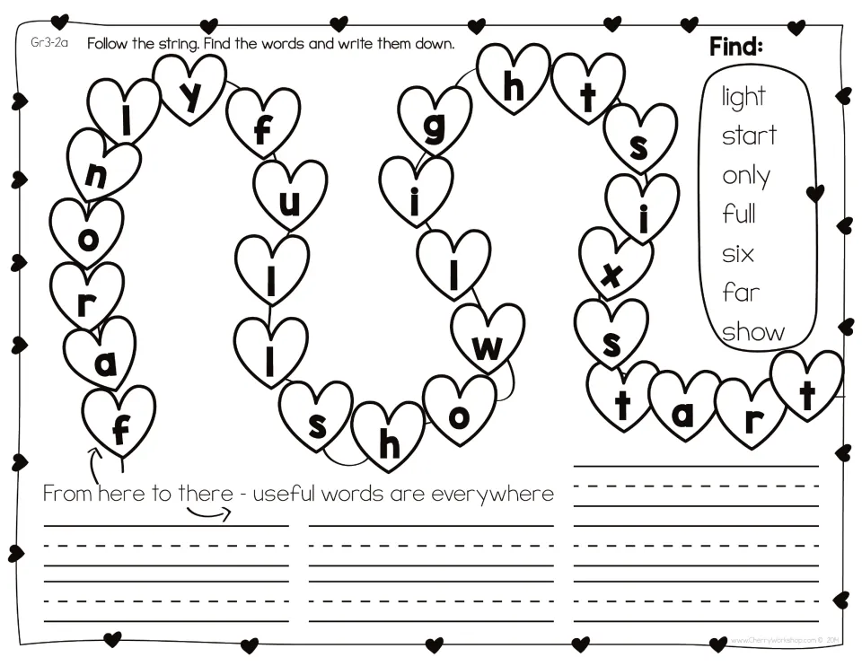 Heart string puzzle Gr3-2a: students follow letters to find and write light, start, only, full, six, far and show