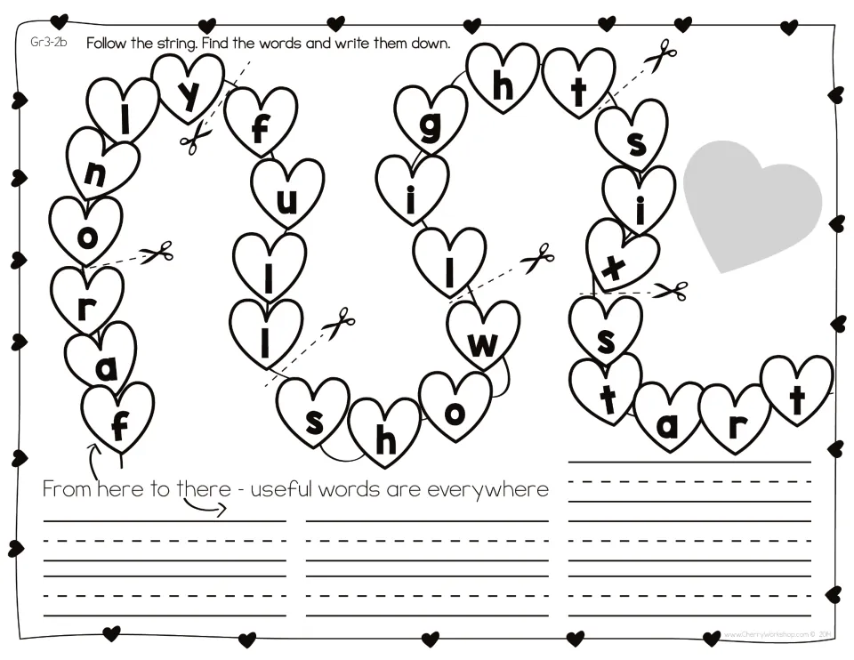 Heart string puzzle Gr3-2b: scissor marks separate far, only, full, show, light, six and start for copying