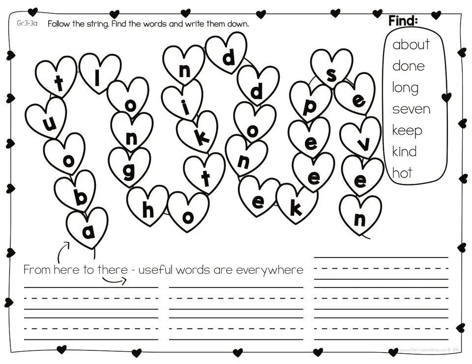Heart string puzzle Gr3-3a: students follow letters to find and write about, done, long, seven, keep, kind and hot